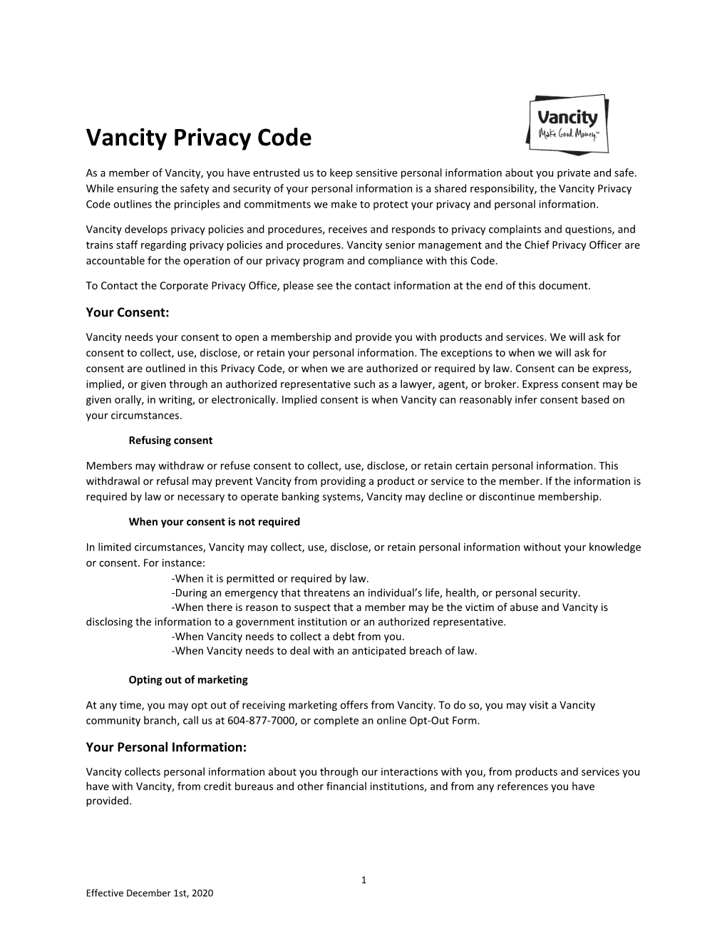 Vancity Privacy Code