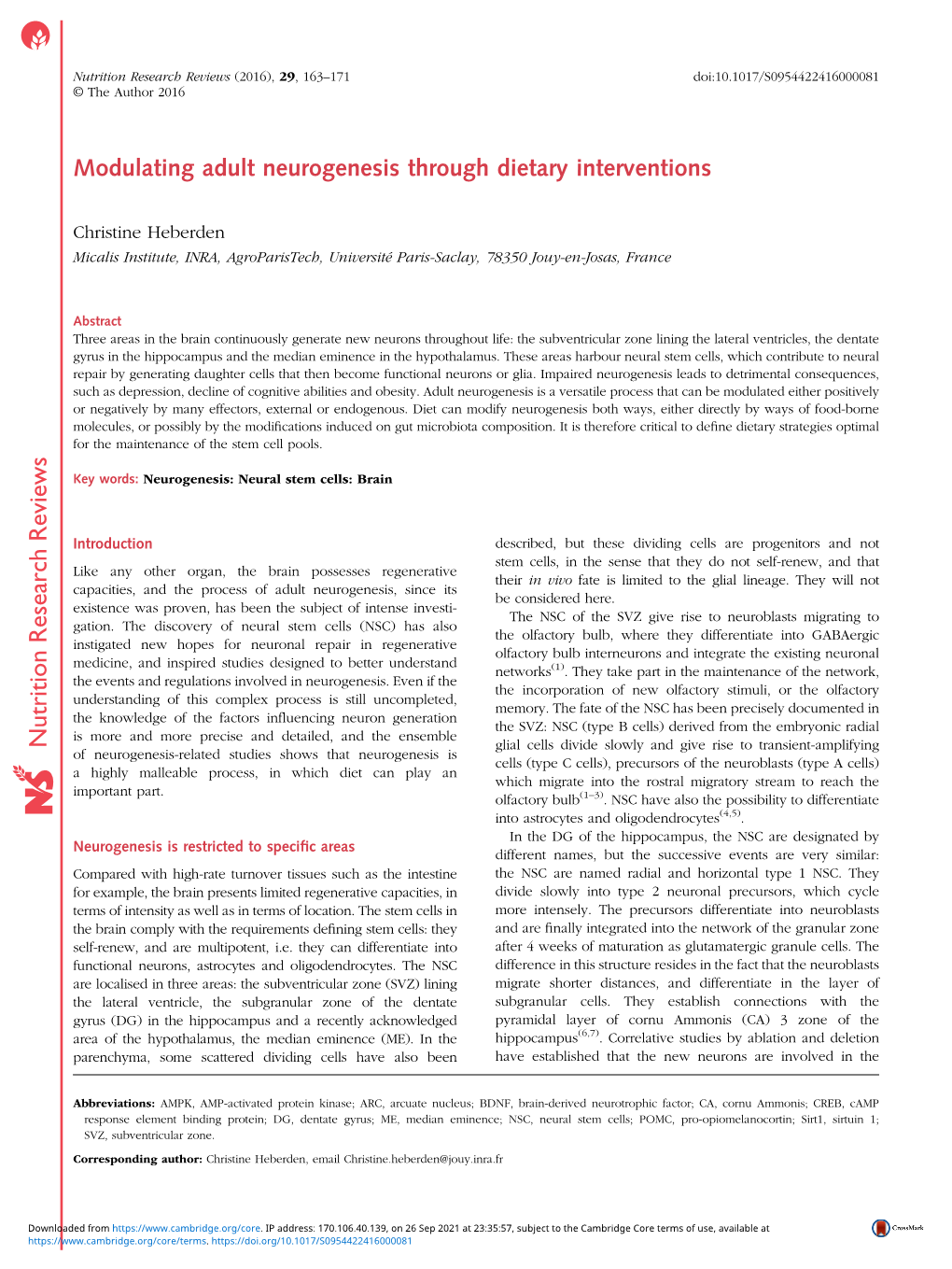 Modulating Adult Neurogenesis Through Dietary Interventions