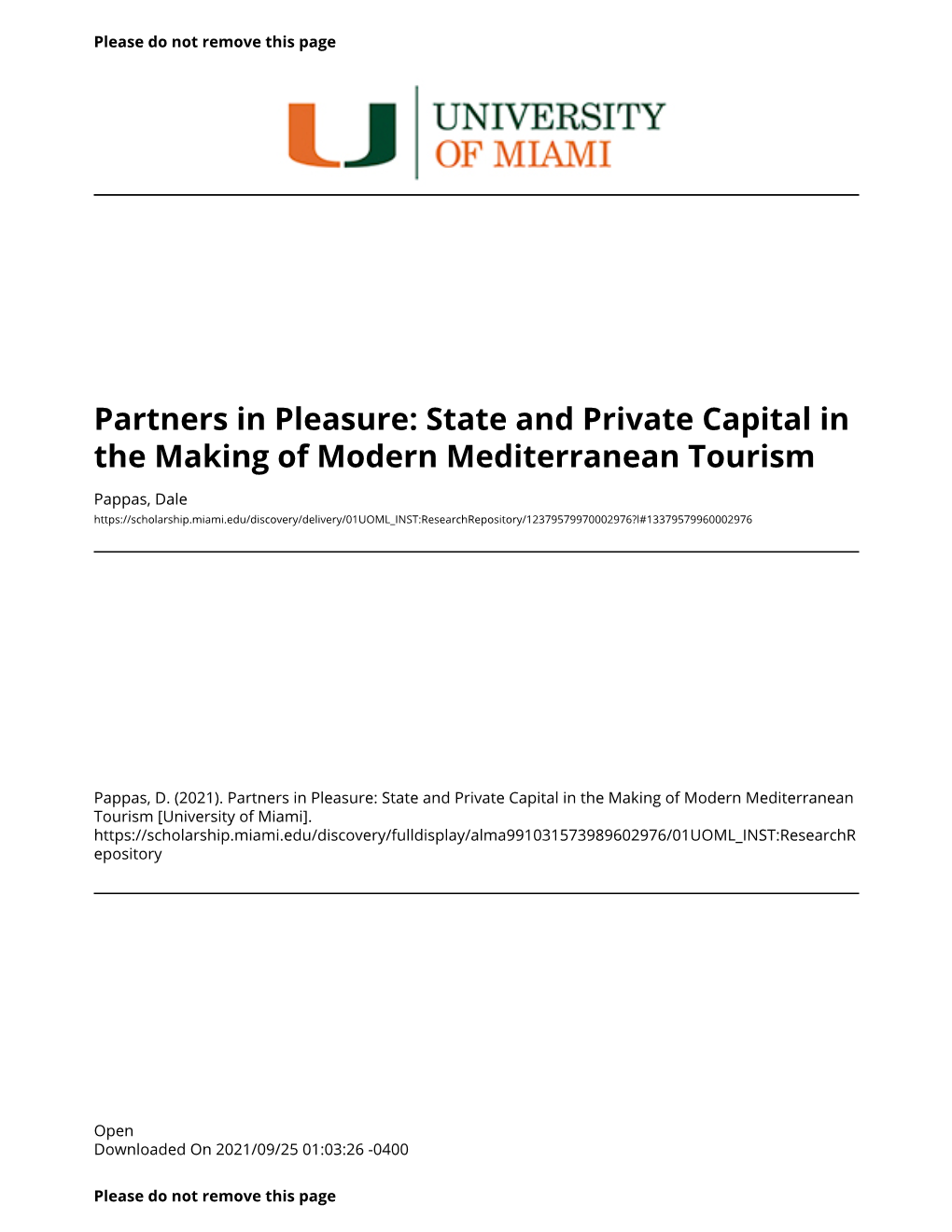 State and Private Capital in the Making of Modern Mediterranean Tourism