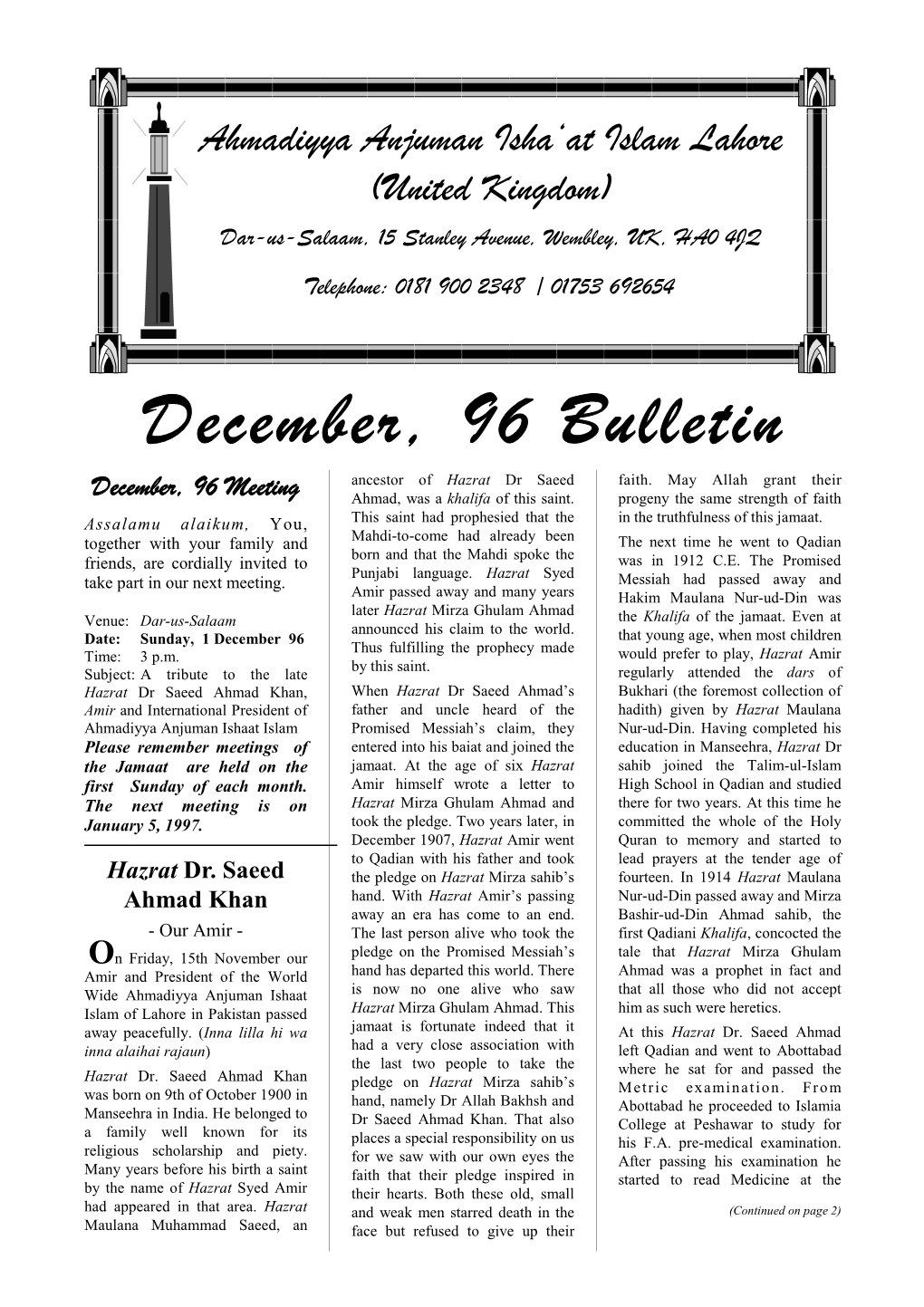 December, 96 Bulletin Ancestor of Hazrat Dr Saeed Faith