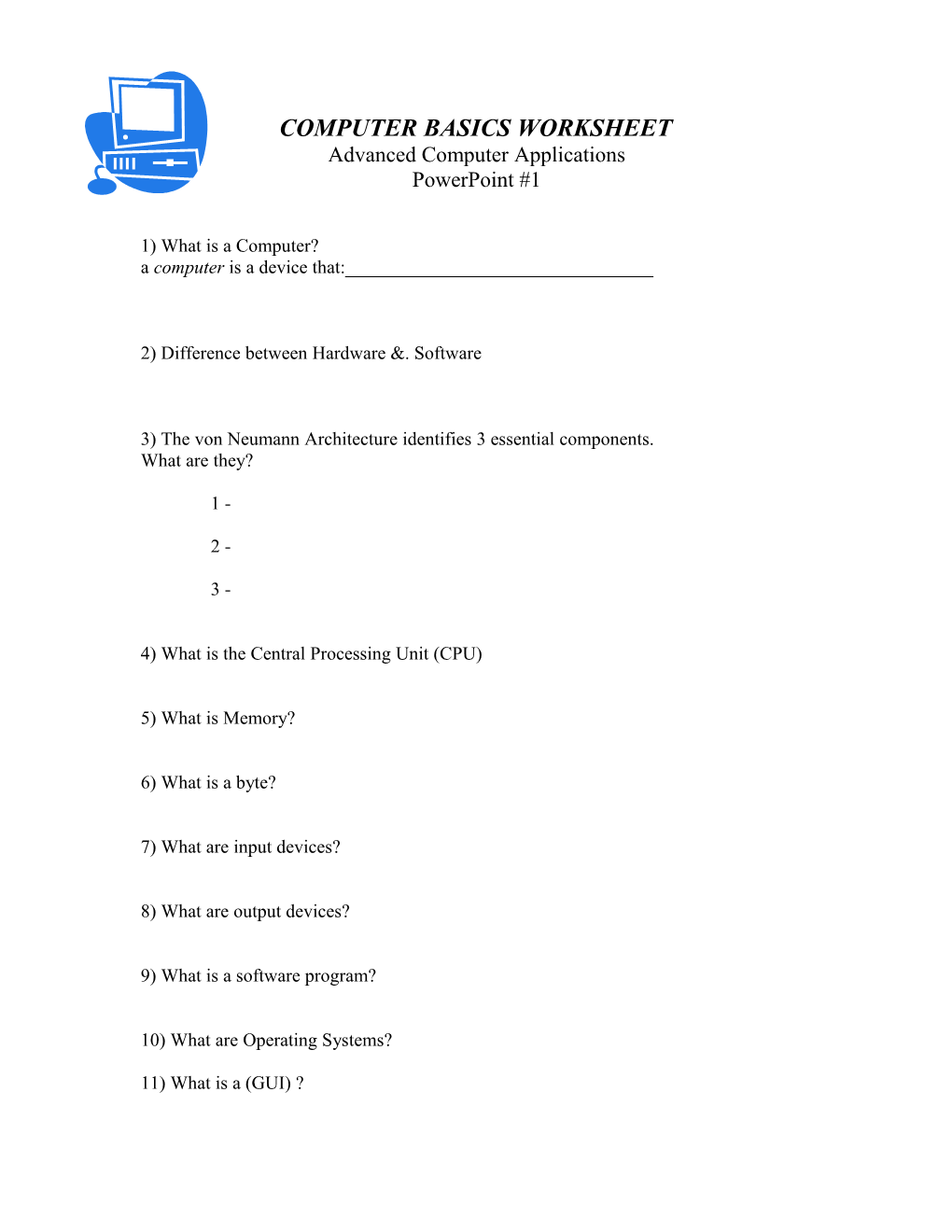 Computer Basics Worksheet