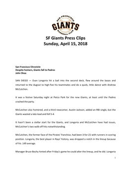 SF Giants Press Clips Sunday, April 15, 2018