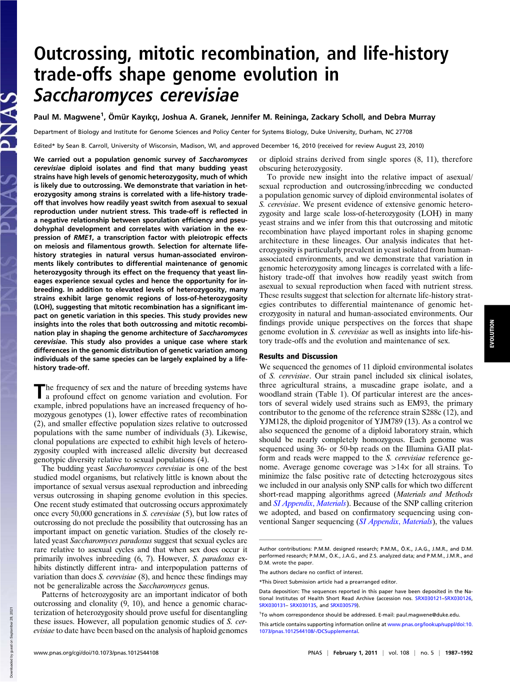 Outcrossing, Mitotic Recombination, and Life-History Trade-Offs Shape Genome Evolution in Saccharomyces Cerevisiae