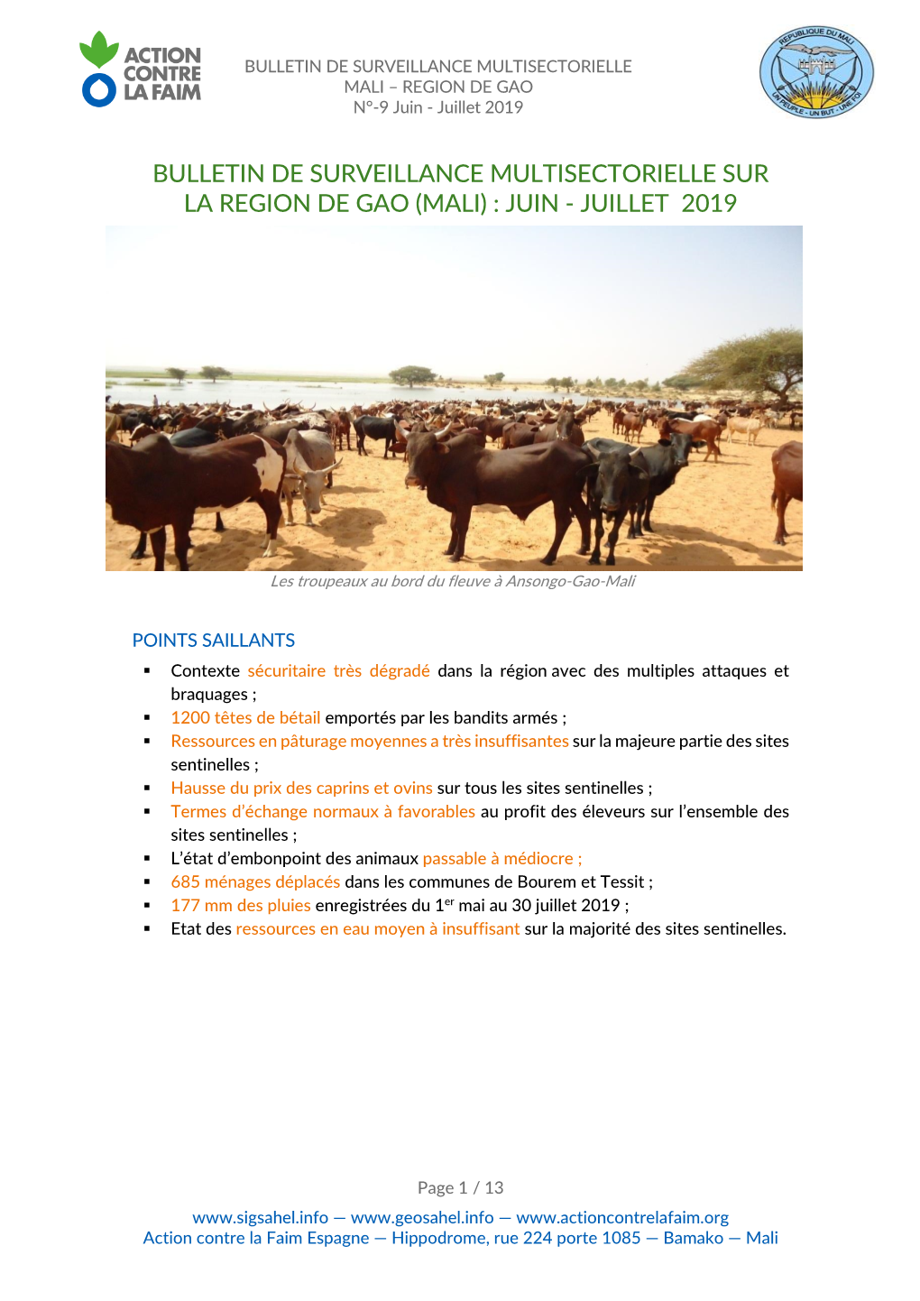 Bulletin De Surveillance Multisectorielle Sur La Region De Gao (Mali) : Juin - Juillet 2019