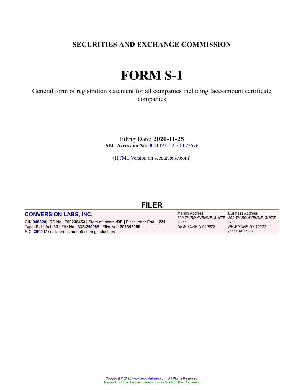 CONVERSION LABS, INC. Form S-1 Filed 2020-11-25
