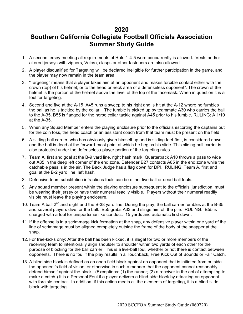 2020 Southern California Collegiate Football Officials Association Summer Study Guide