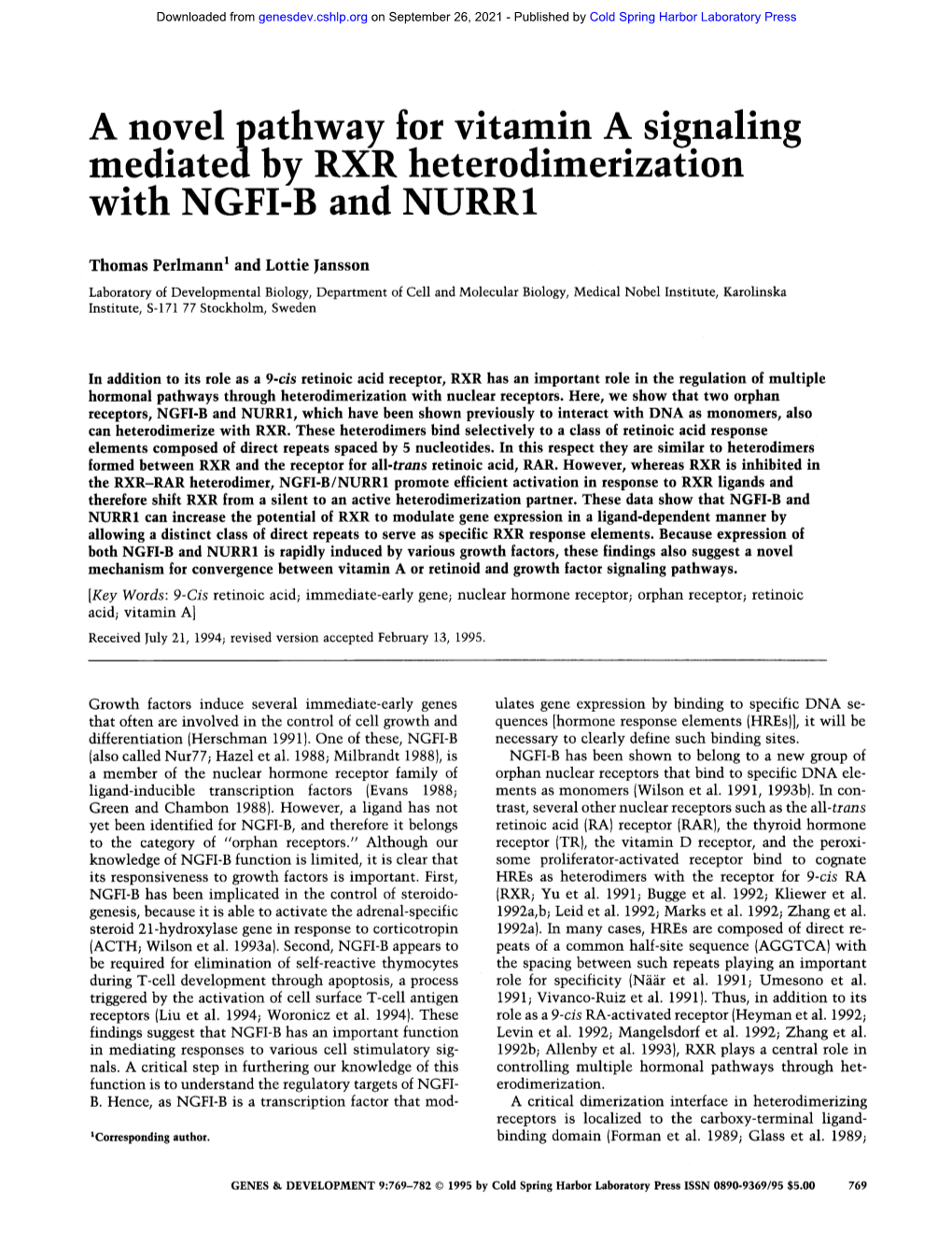 A Novel Pathway for Vitamin a Signaling Mediated by RXR Heterodimerization with NGFI-B and NURR1