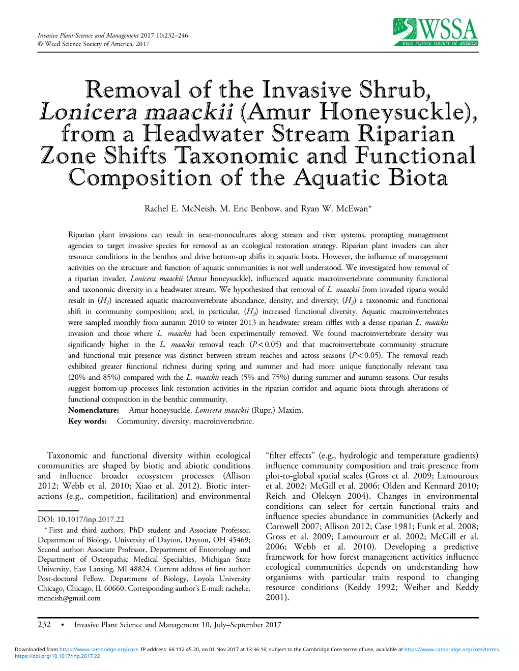 Amur Honeysuckle), from a Headwater Stream Riparian Zone Shifts Taxonomic and Functional Composition of the Aquatic Biota