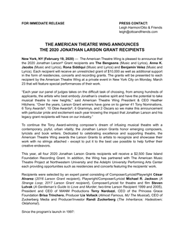 Press Release 2020 Jonathan Larson Grant Recipients Announced