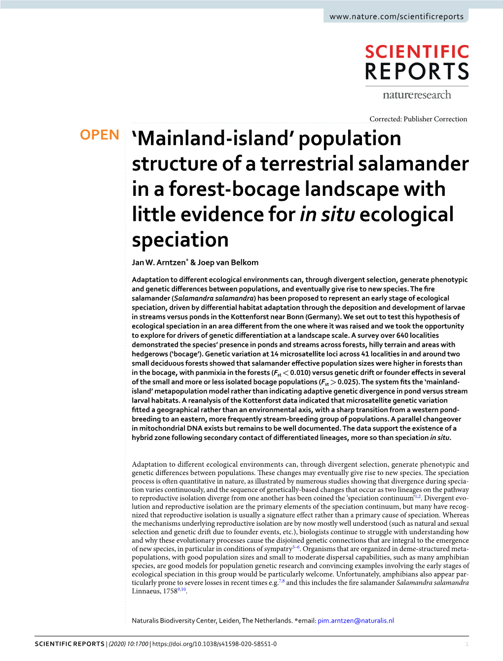 Population Structure of a Terrestrial Salamander in a Forest-Bocage Landscape with Little Evidence for in Situ Ecological Speciation Jan W