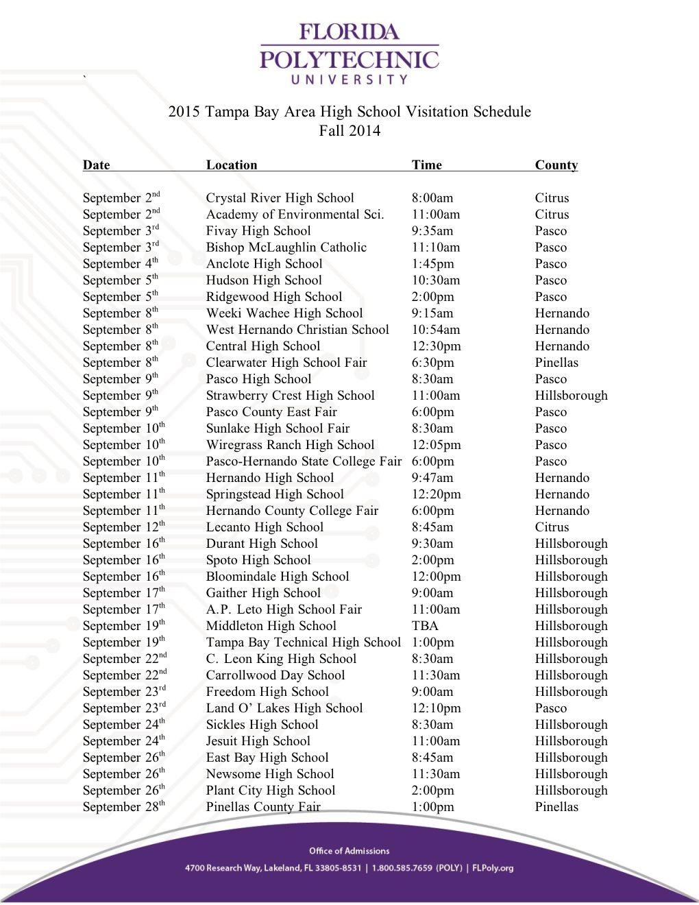 2015 Tampa Bay Area High School Visitation Schedule Fall 2014