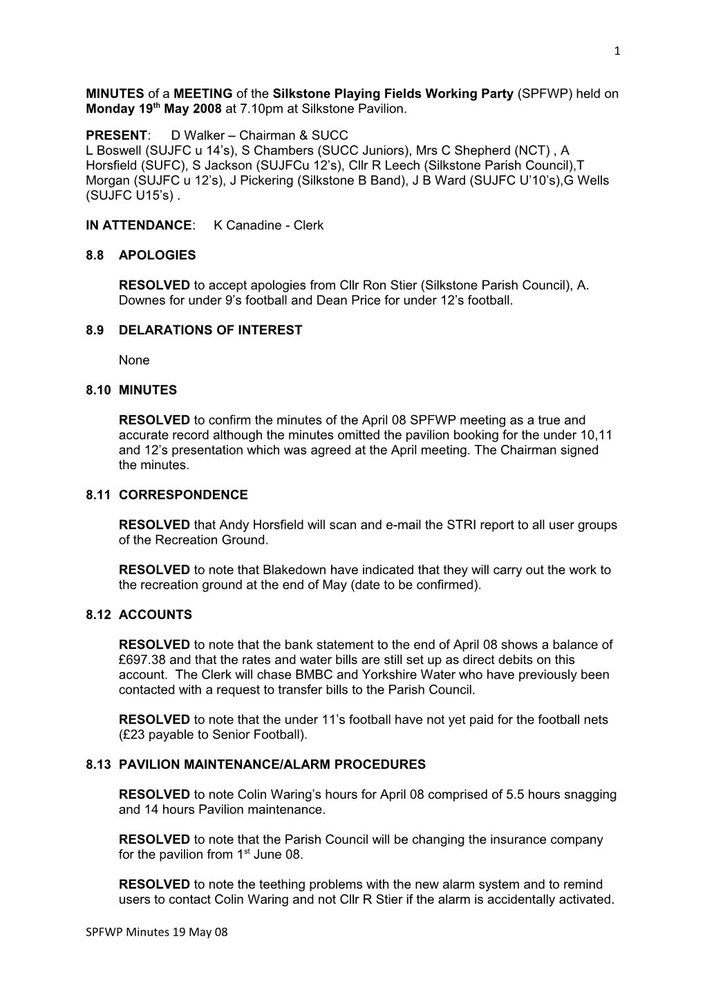 MINUTES of a MEETING of the Silkstone Playing Fields Working Party (SPFWP) Held on Monday