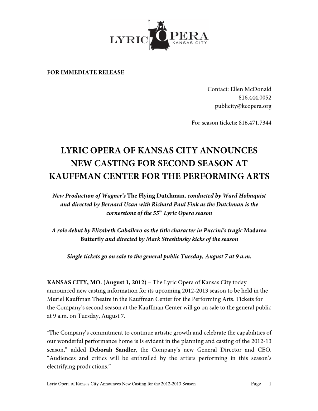 Lyric Opera of Kansas City Announces New Casting for Second Season at Kauffman Center for the Performing Arts