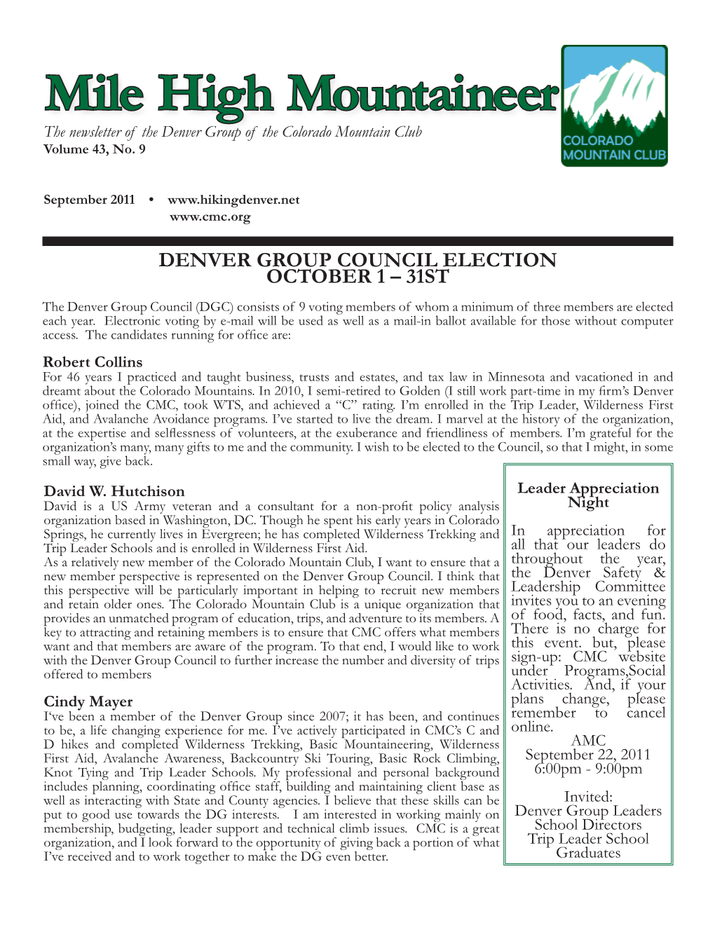 Mile High Mountaineer the Newsletter of the Denver Group of the Colorado Mountain Club Volume 43, No