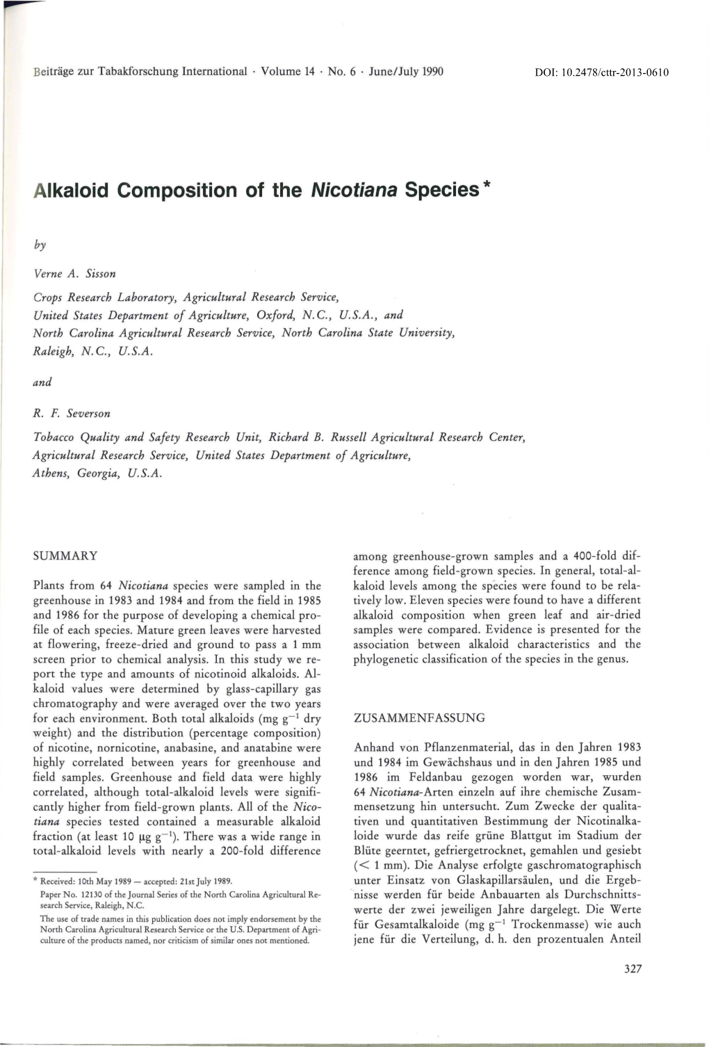 Alkaloid Composition of the Nicotiana Species*