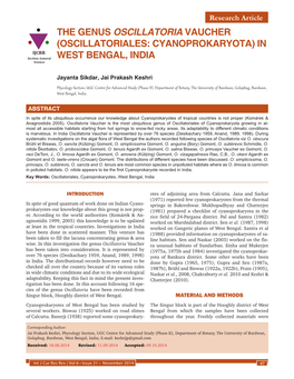 THE GENUS OSCILLATORIA VAUCHER (OSCILLATORIALES: CYANOPROKARYOTA) in IJCRR Section: General WEST BENGAL, INDIA Science