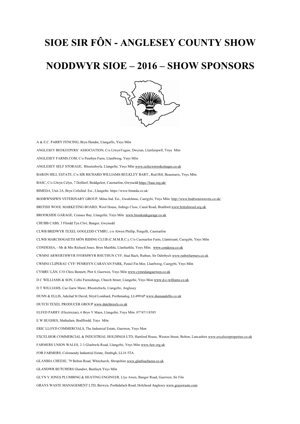 Anglesey County Show Noddwyr Sioe – 2016 – Show Sponsors