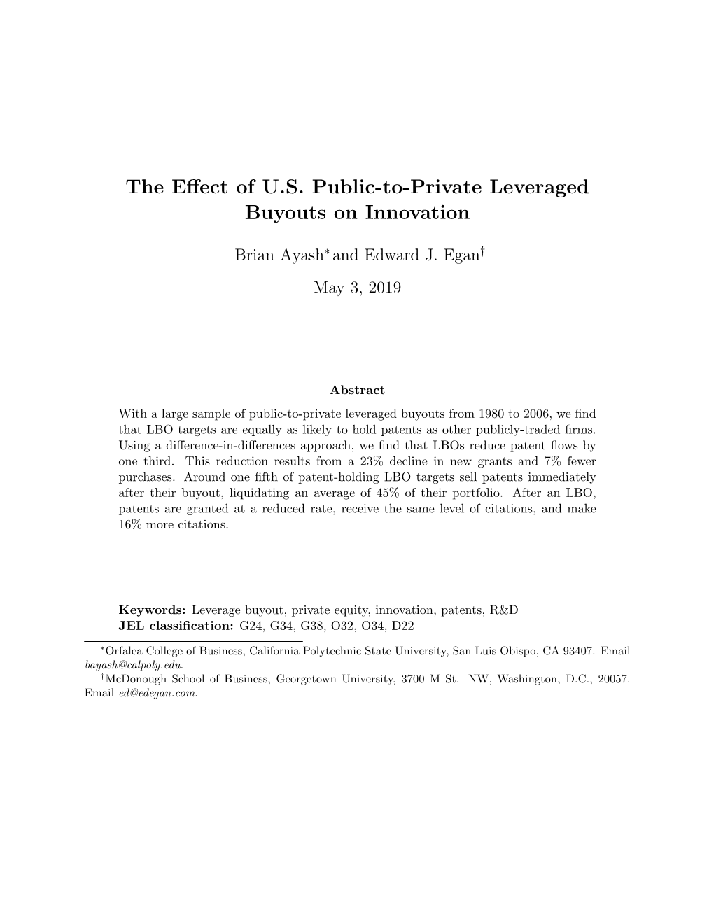 The Effect of U.S. Public-To-Private Leveraged Buyouts on Innovation