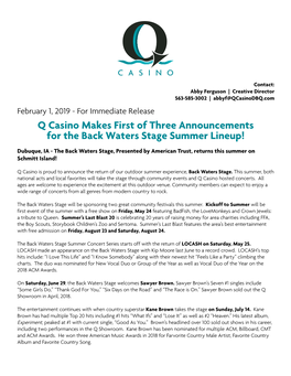 Q Casino Makes First of Three Announcements for the Back Waters Stage Summer Lineup!