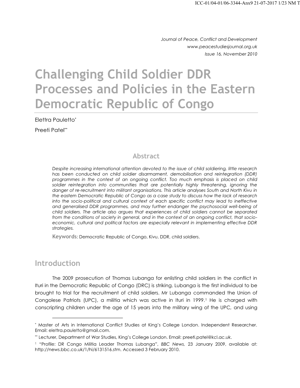 Challenging Child Soldier DDR Processes and Policies in the Eastern Democratic Republic of Congo