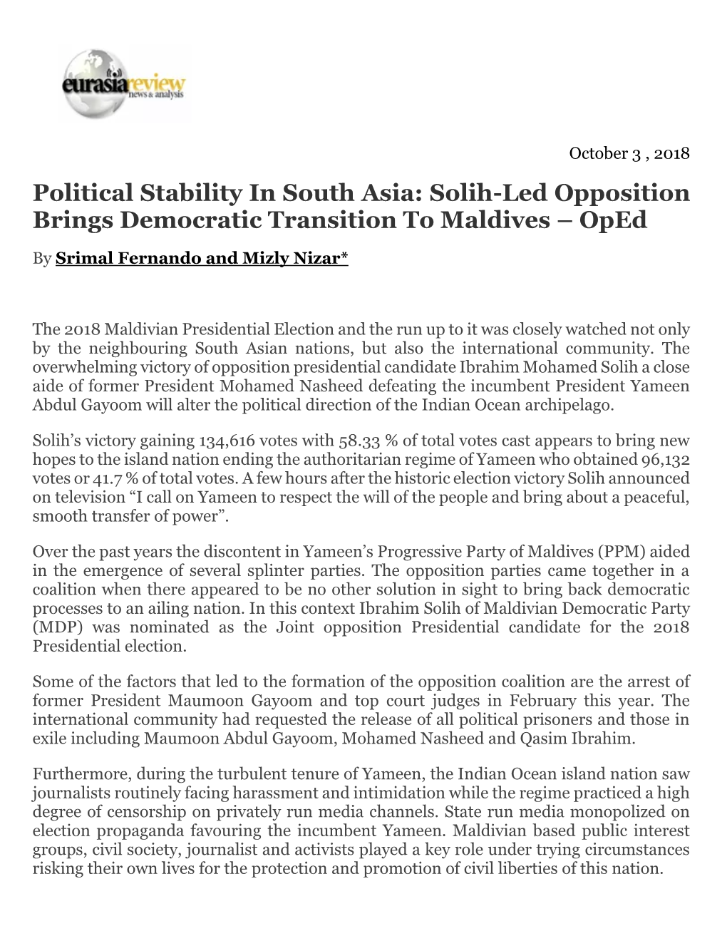 Political Stability in South Asia: Solih-Led Opposition Brings Democratic Transition to Maldives – Oped