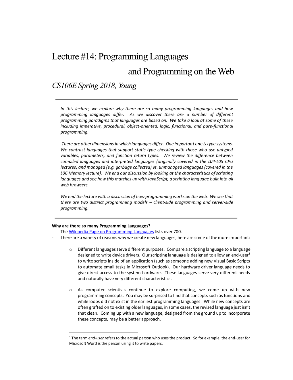 Lecture #14: Programming Languages and Programming on the Web CS106E Spring 2018, Young