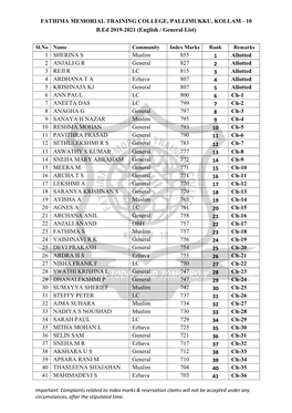 FATHIMA MEMORIAL TRAINING COLLEGE, PALLIMUKKU, KOLLAM - 10 B.Ed 2019-2021 (English / General List)