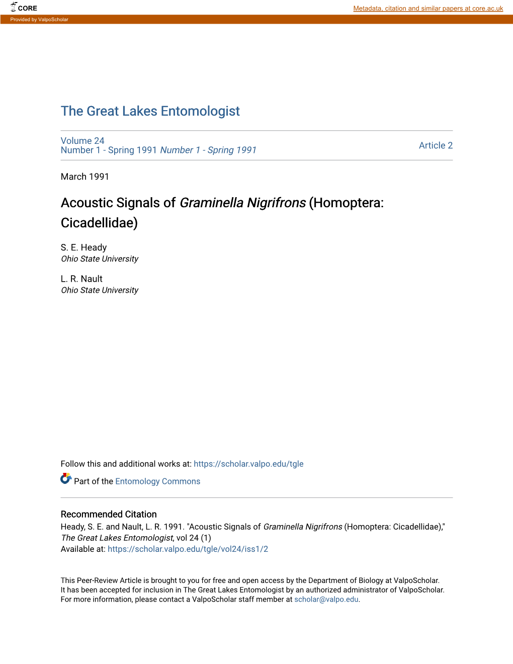 Acoustic Signals of Graminella Nigrifrons (Homoptera: Cicadellidae)