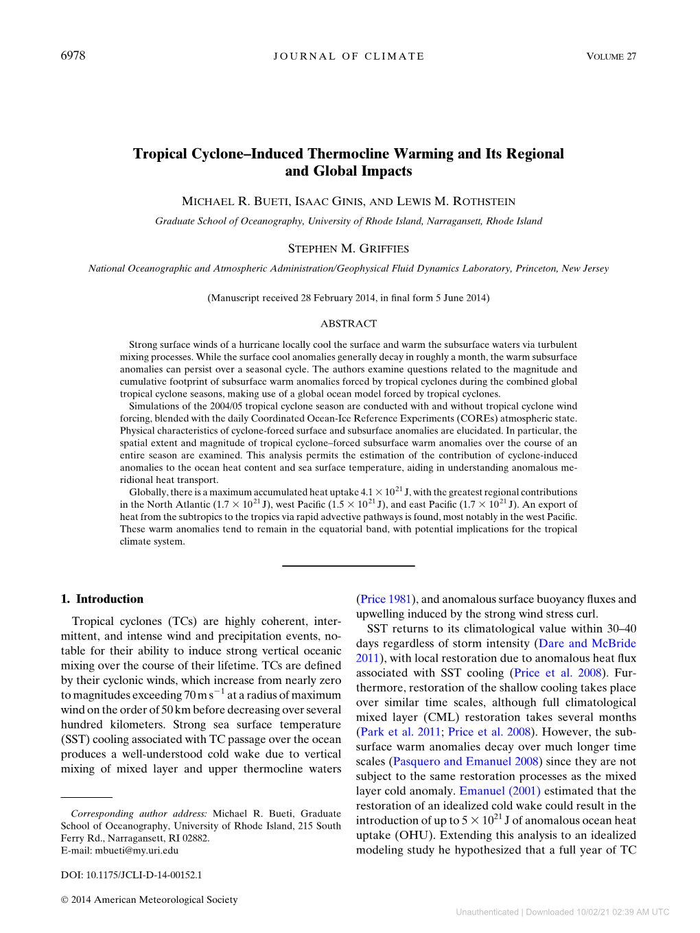 Tropical Cyclone–Induced Thermocline Warming and Its Regional and Global Impacts