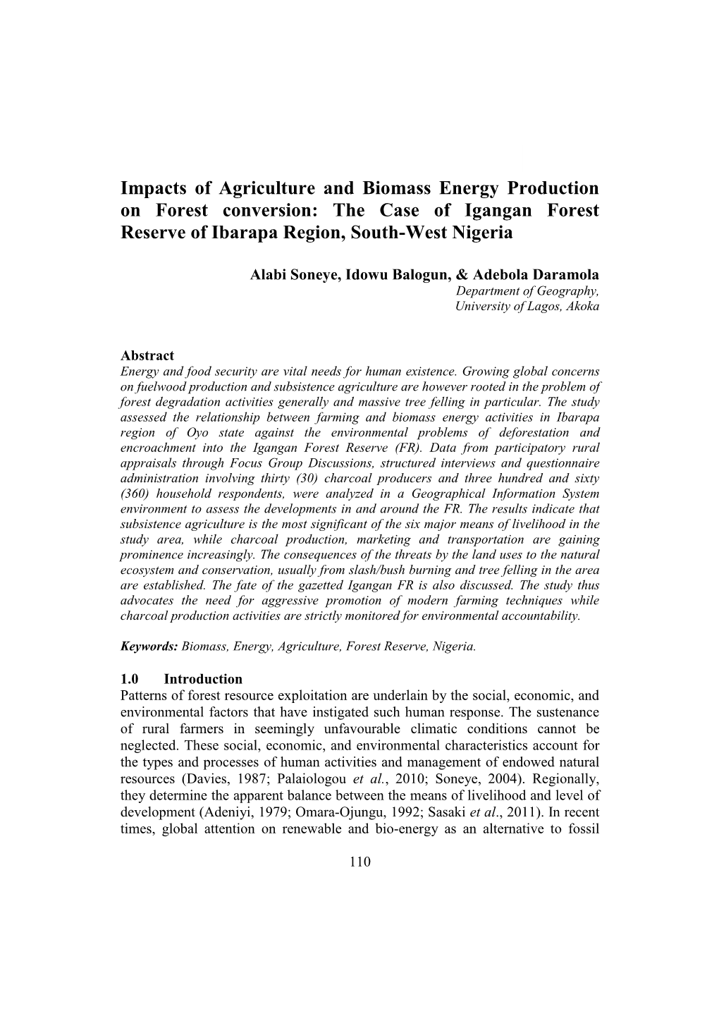 Impacts of Agriculture and Biomass Energy Production on Forest Conversion: the Case of Igangan Forest Reserve of Ibarapa Region, South-West Nigeria