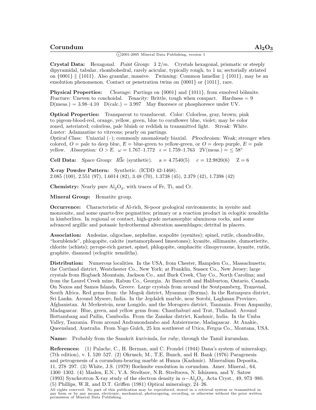 Corundum Al2o3 C 2001-2005 Mineral Data Publishing, Version 1