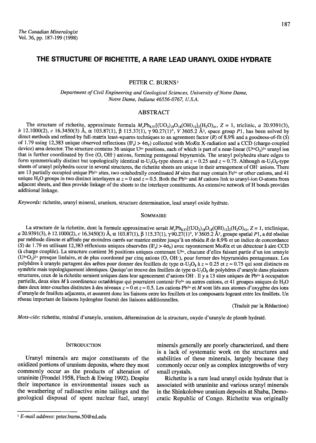 The Structure of Richetite, a Rare Lead Uranyl Oxide Hydrate