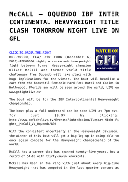 Mccall – OQUENDO IBF INTER CONTINENTAL HEAVYWEIGHT TITLE CLASH TOMORROW NIGHT LIVE on GFL