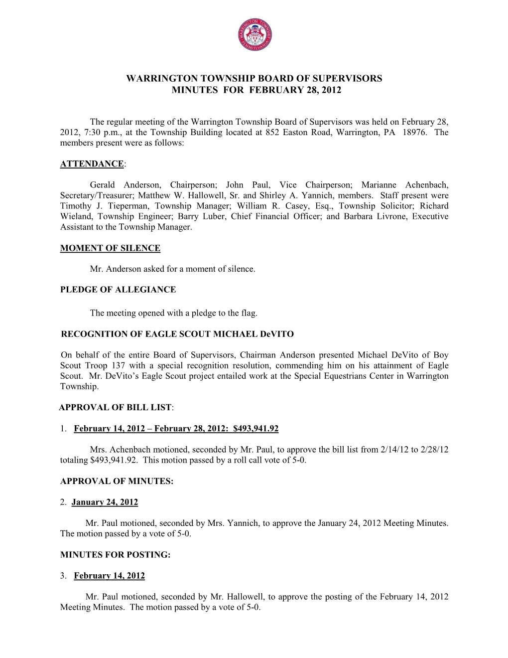 Warrington Township Board of Supervisors Minutes for February 28, 2012