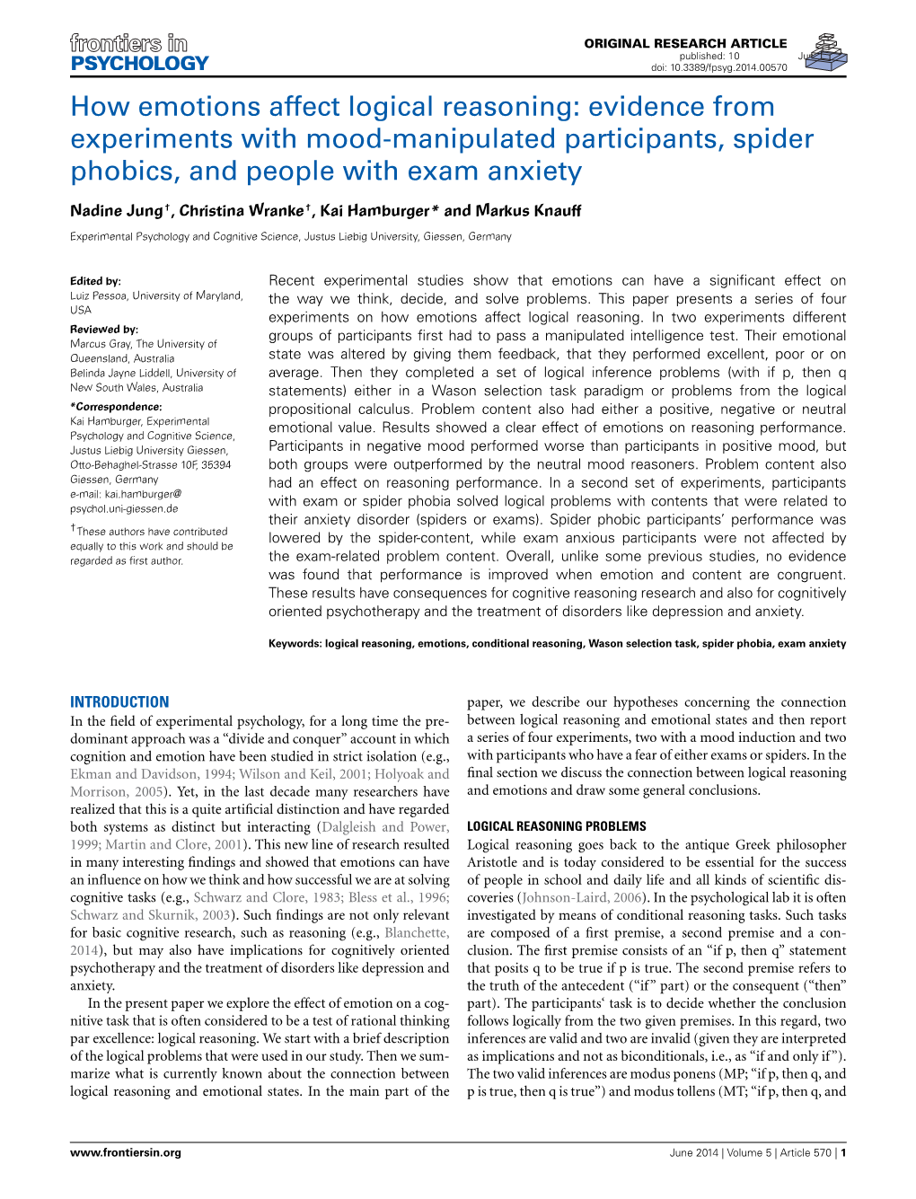 How Emotions Affect Logical Reasoning: Evidence from Experiments with Mood-Manipulated Participants, Spider Phobics, and People with Exam Anxiety