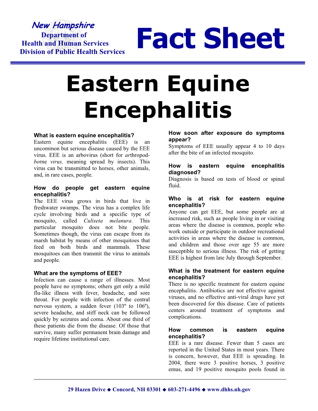 Eastern Equine Encephalitis (EEE) Fact Sheet