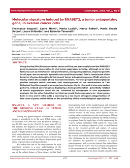 Molecular Signature Induced by RNASET2, a Tumor Antagonizing Gene, in Ovarian Cancer Cells