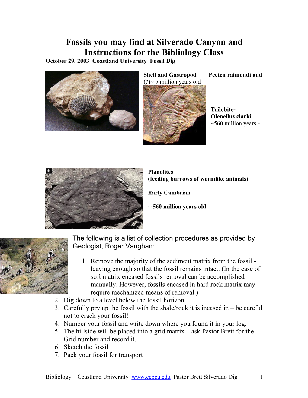 Fossils You May Find at Silverado Canyon and Instructions for the Bibliology Class