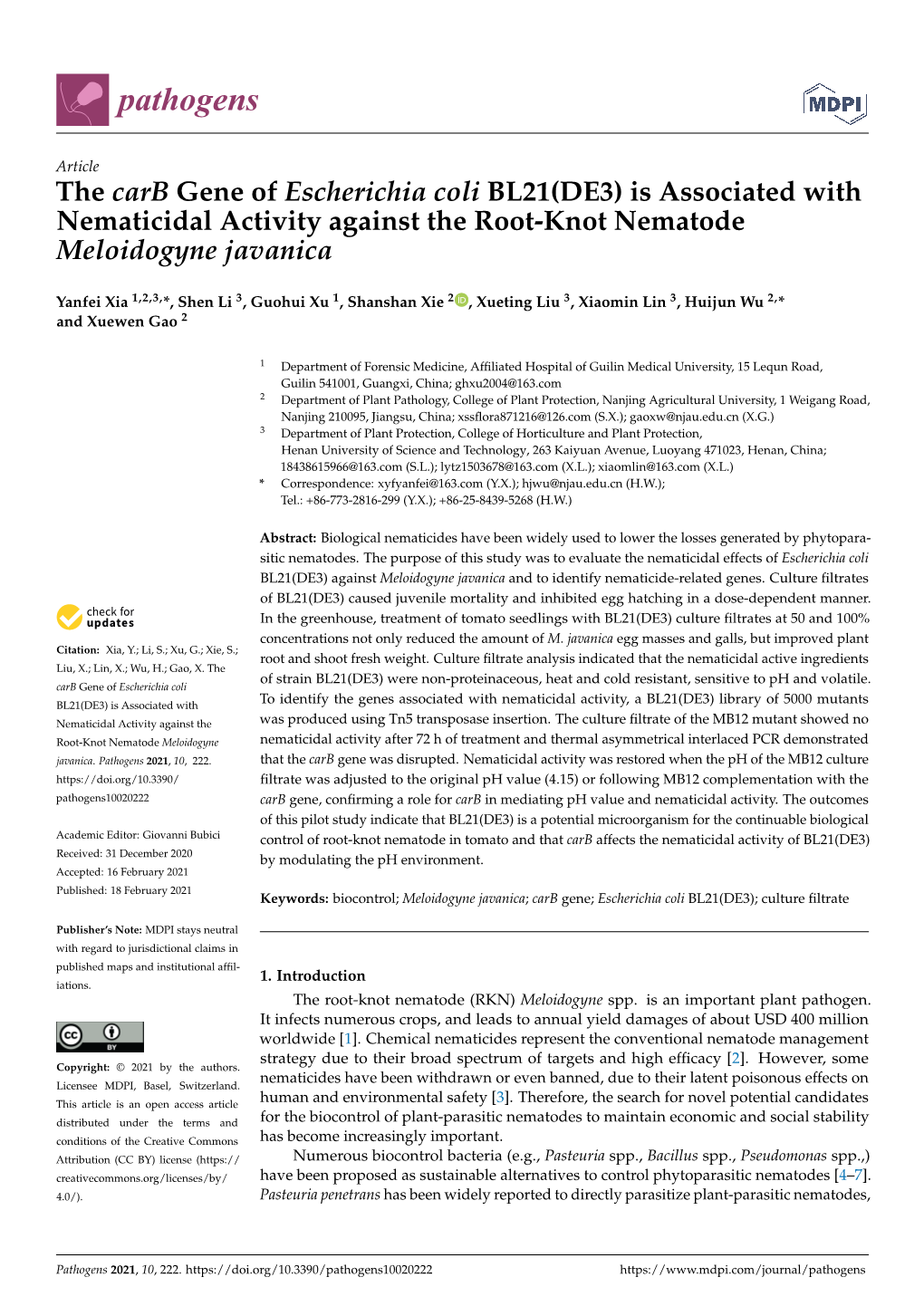 The Carb Gene of Escherichia Coli BL21(DE3) Is Associated with Nematicidal Activity Against the Root-Knot Nematode Meloidogyne Javanica