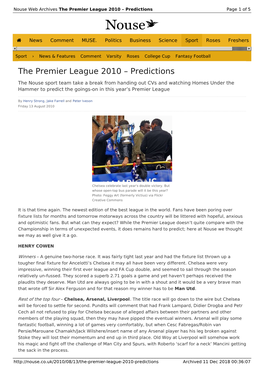 The Premier League 2010 – Predictions | Nouse