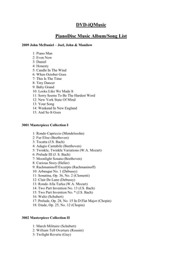 DVD-Iqmusic Pianodisc Music Album/Song List