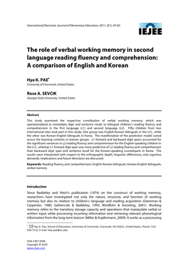 The Role of Verbal Working Memory in Second Language Reading Fluency and Comprehension: a Comparison of English and Korean