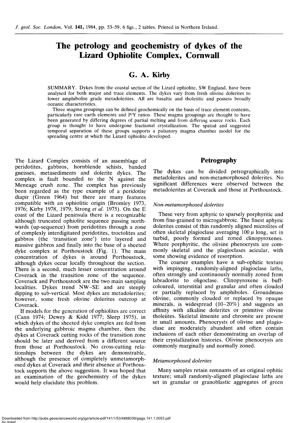 The Petrology and Geochemistry of Dykes of the Lizard Ophiolitecomplex, Cornwall