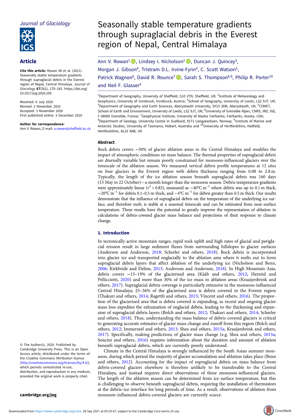 Seasonally Stable Temperature Gradients Through Supraglacial Debris in the Everest Region of Nepal, Central Himalaya