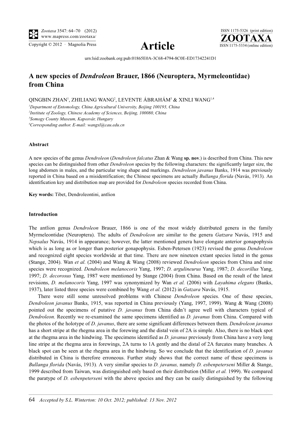 A New Species of Dendroleon Brauer, 1866 (Neuroptera, Myrmeleontidae) from China