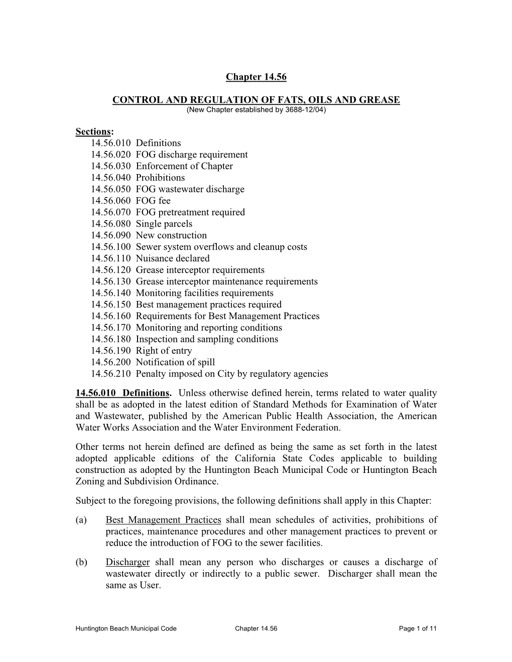 CONTROL and REGULATION of FATS, OILS and GREASE (New Chapter Established by 3688-12/04)