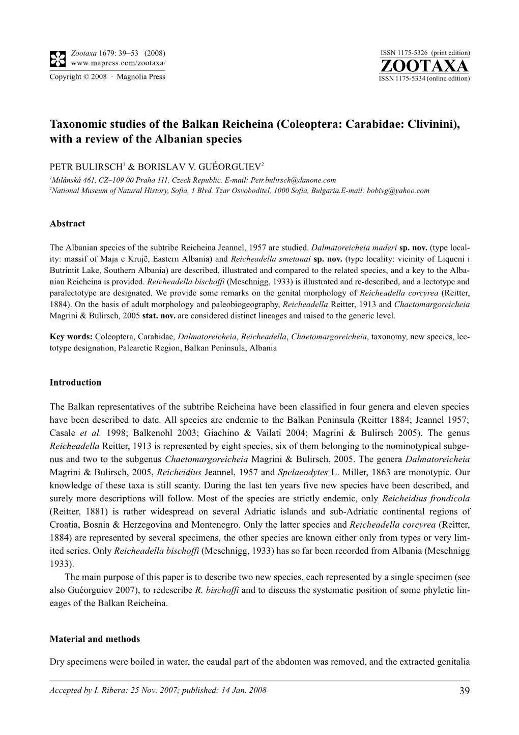 Zootaxa, Taxonomic Studies of the Balkan Reicheina (Coleoptera