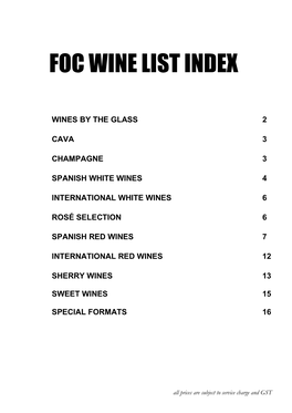 Foc Wine List Index