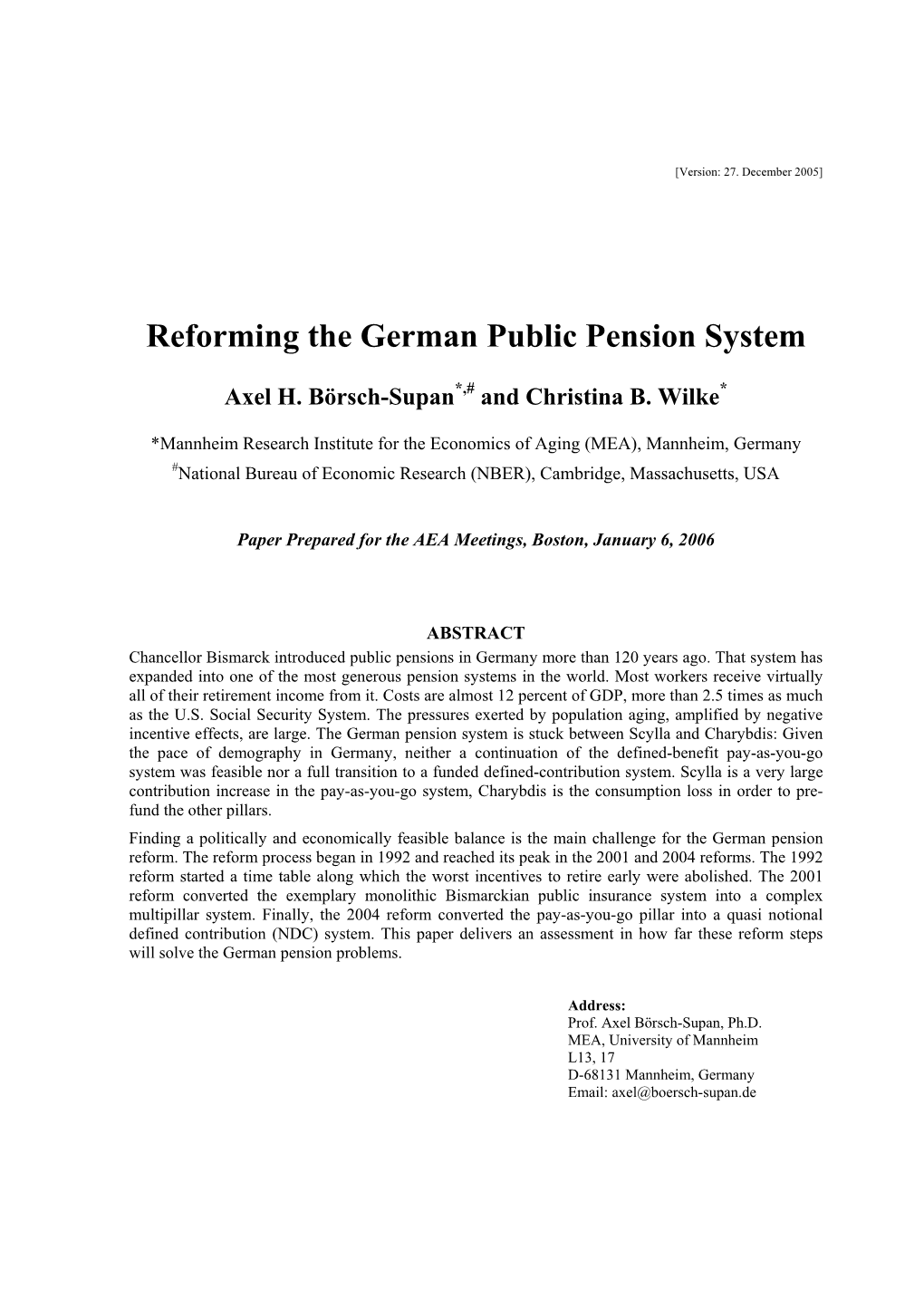 Reforming the German Public Pension System