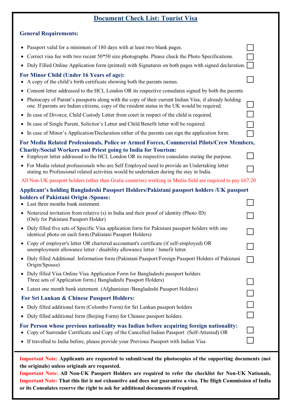 Document Check List: Tourist Visa